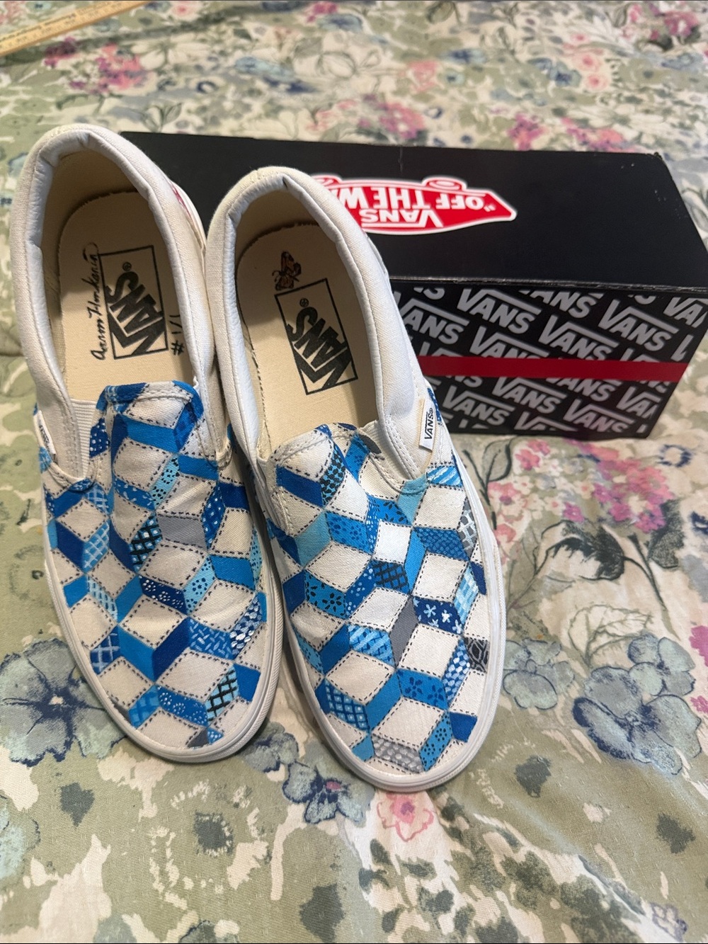 Vans “Off the Wall” Slip-On Quilted Checkerboard Blue & White Canvas Sneakers